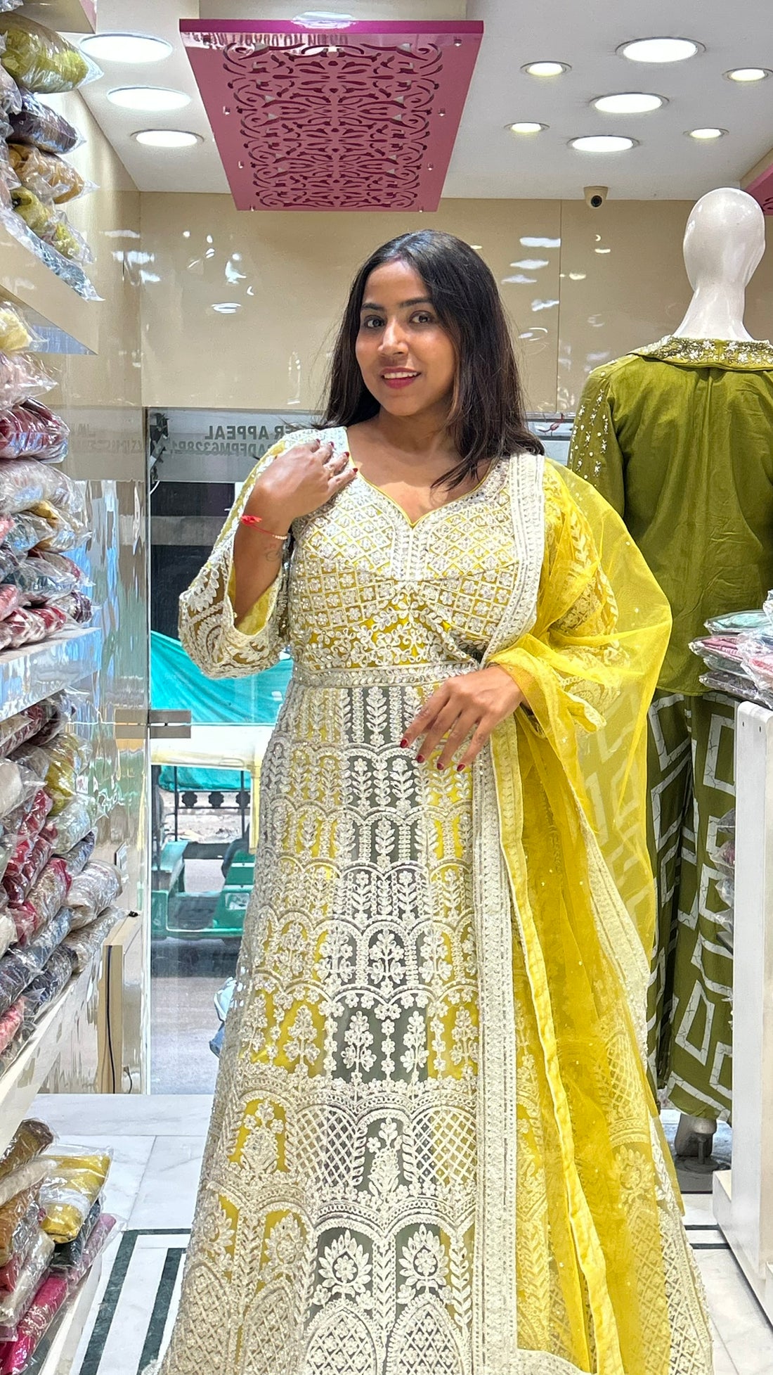 stone zari work long bridal wedding gown