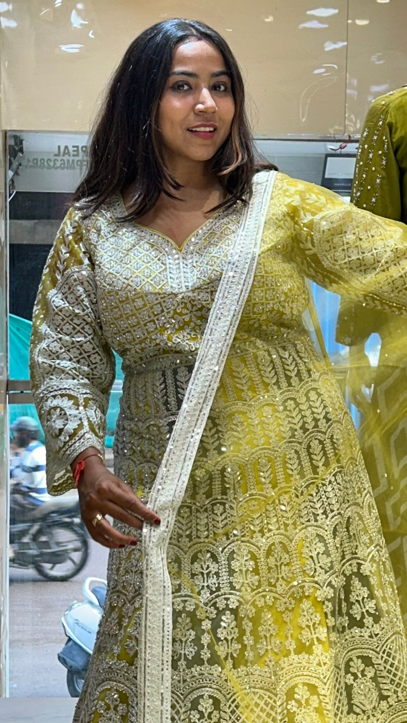 stone zari work long bridal wedding gown