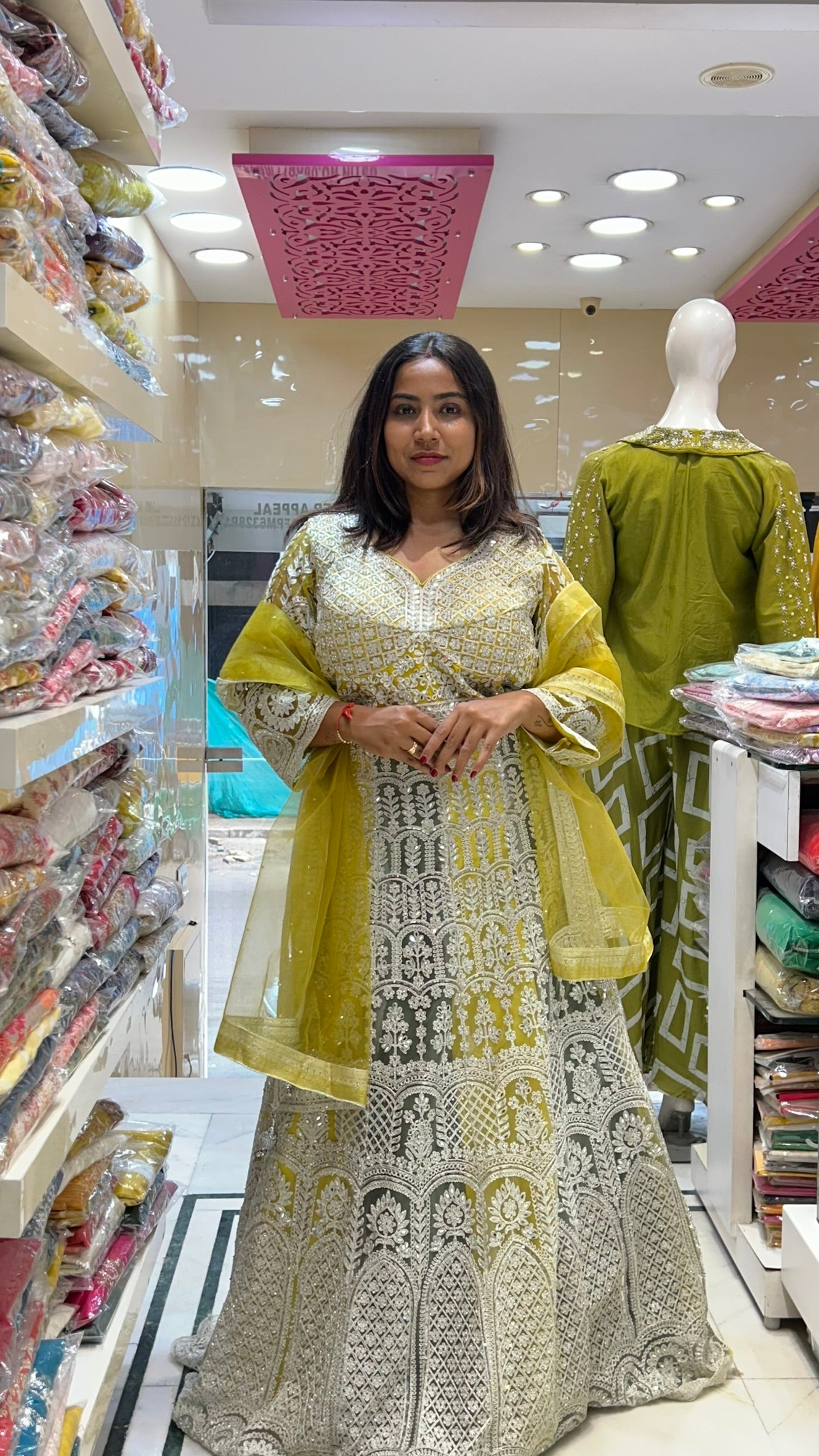 stone zari work long bridal wedding gown