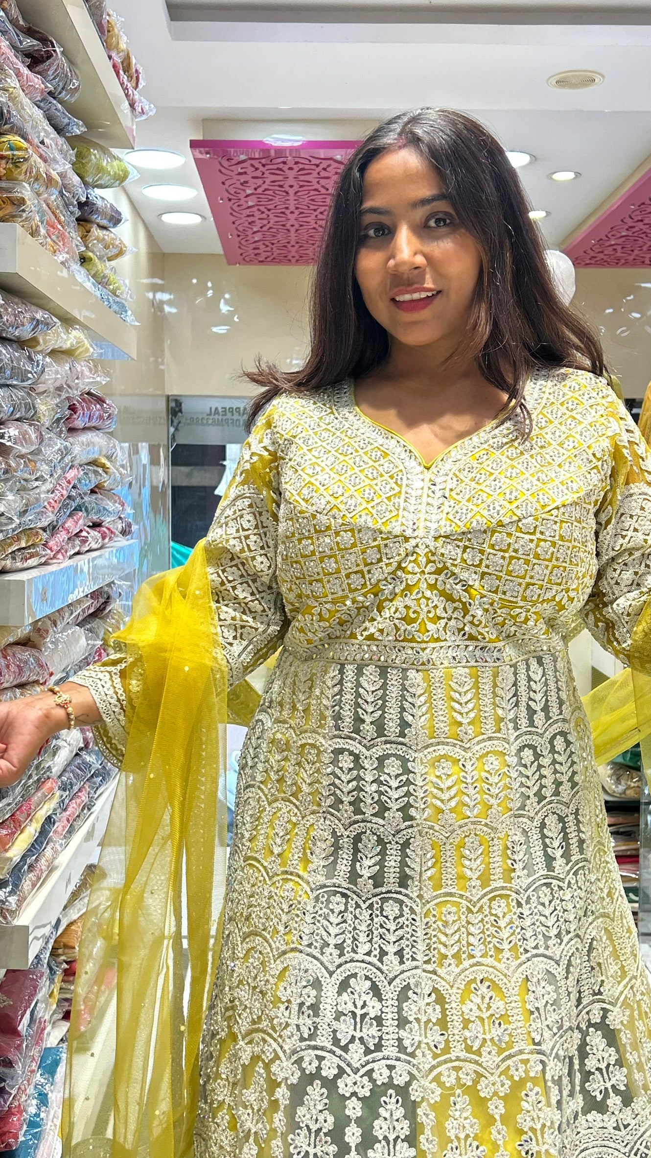 stone zari work long bridal wedding gown