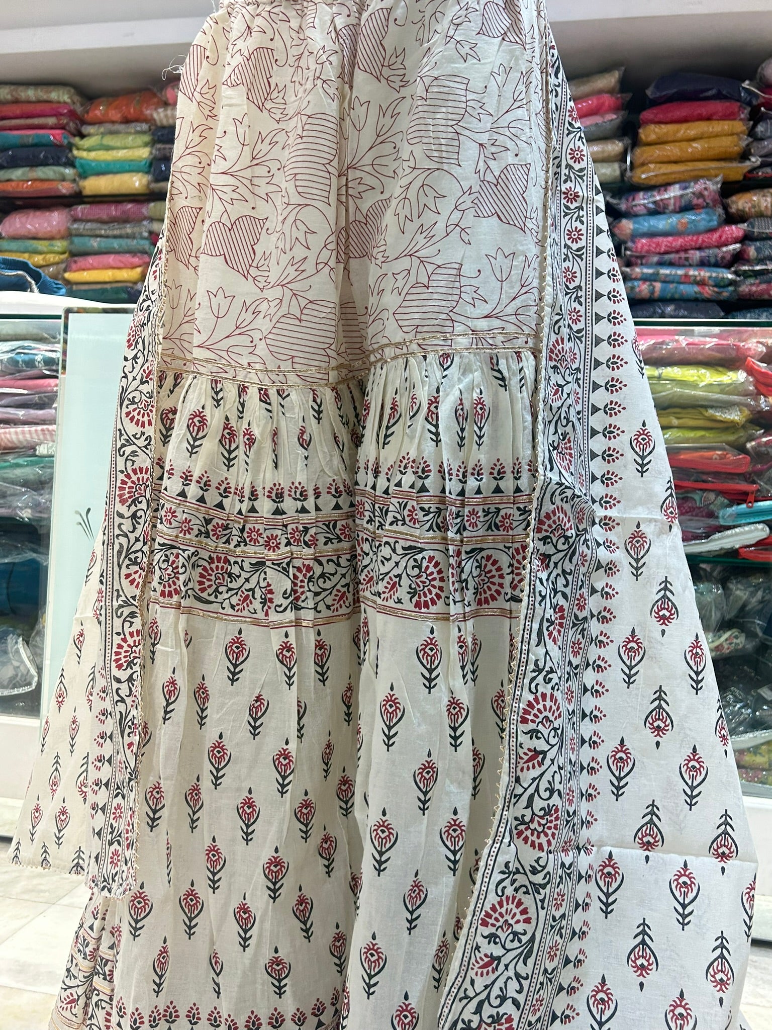 pure cotton hand block print flaired shrara with dupatta