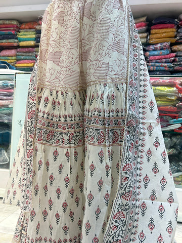 pure cotton hand block print flaired shrara with dupatta