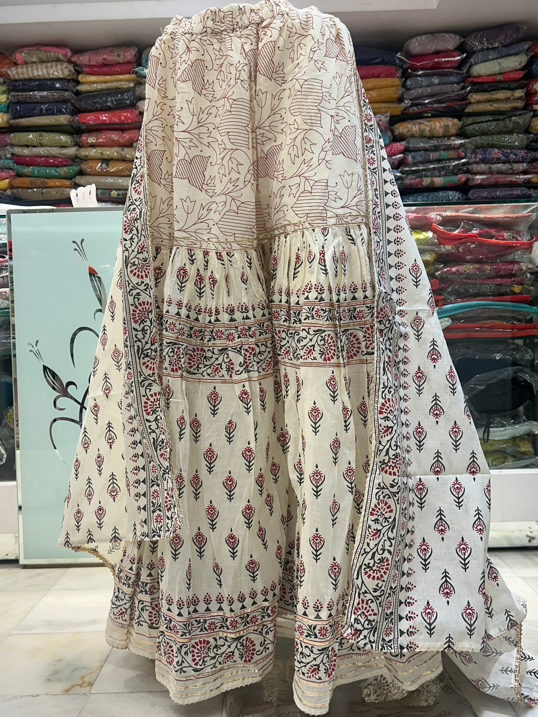 pure cotton hand block print flaired shrara with dupatta