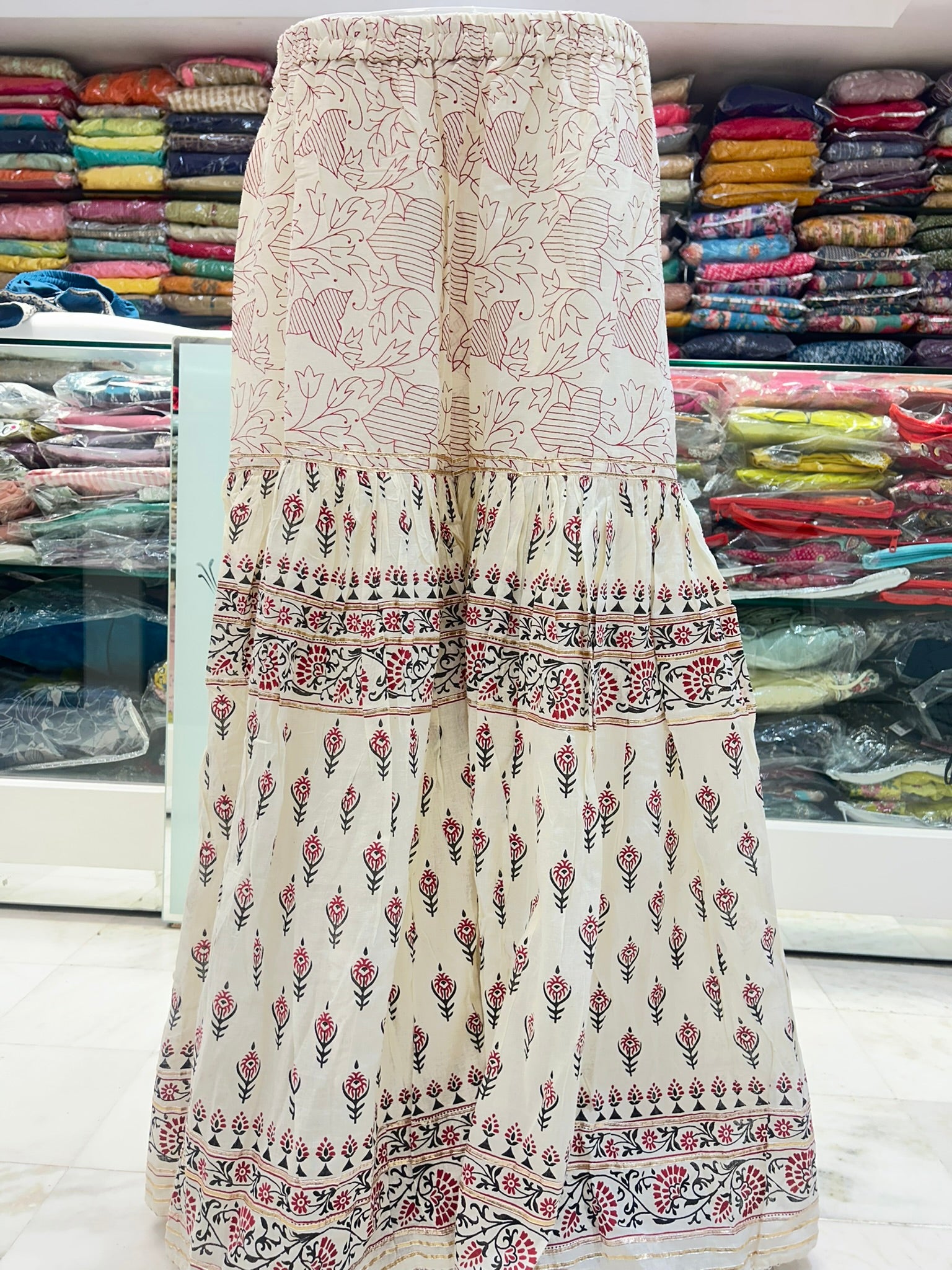 pure cotton hand block print flaired shrara with dupatta