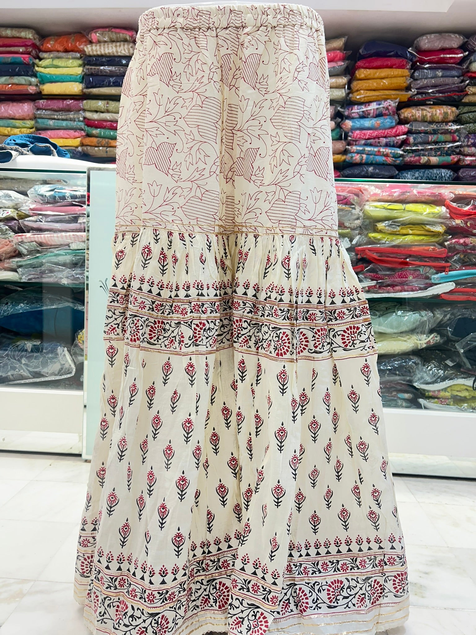 pure cotton hand block print flaired shrara with dupatta