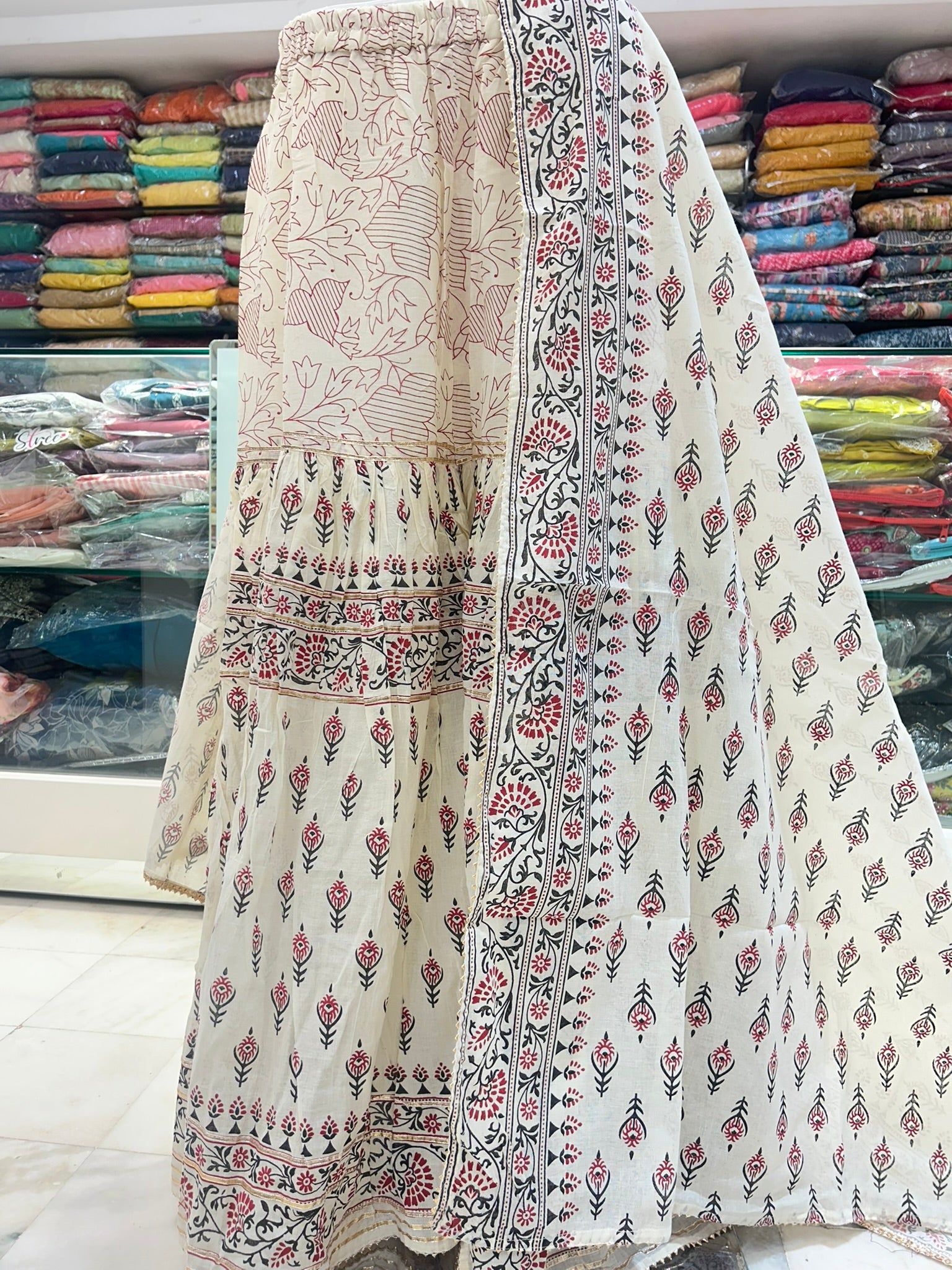 pure cotton hand block print flaired shrara with dupatta