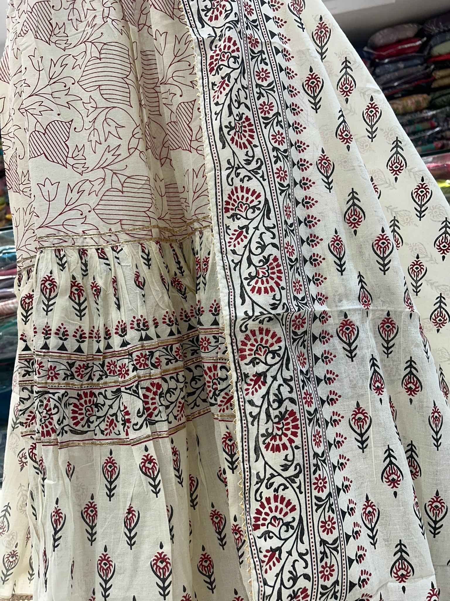 pure cotton hand block print flaired shrara with dupatta
