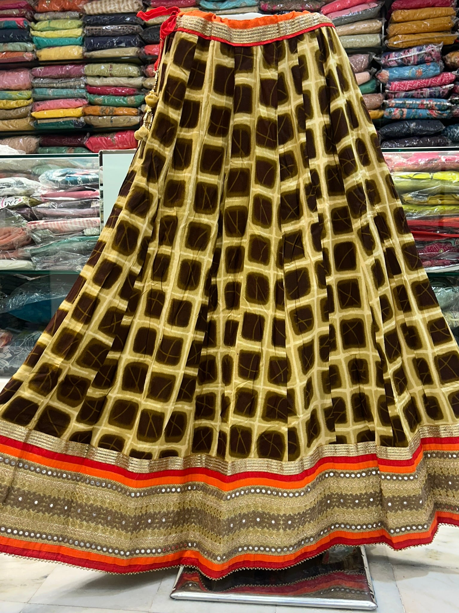 rayon printed long border look skirts