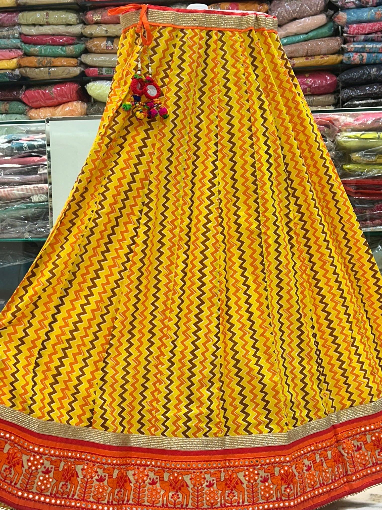 long lace border cotton block printed casual skirt