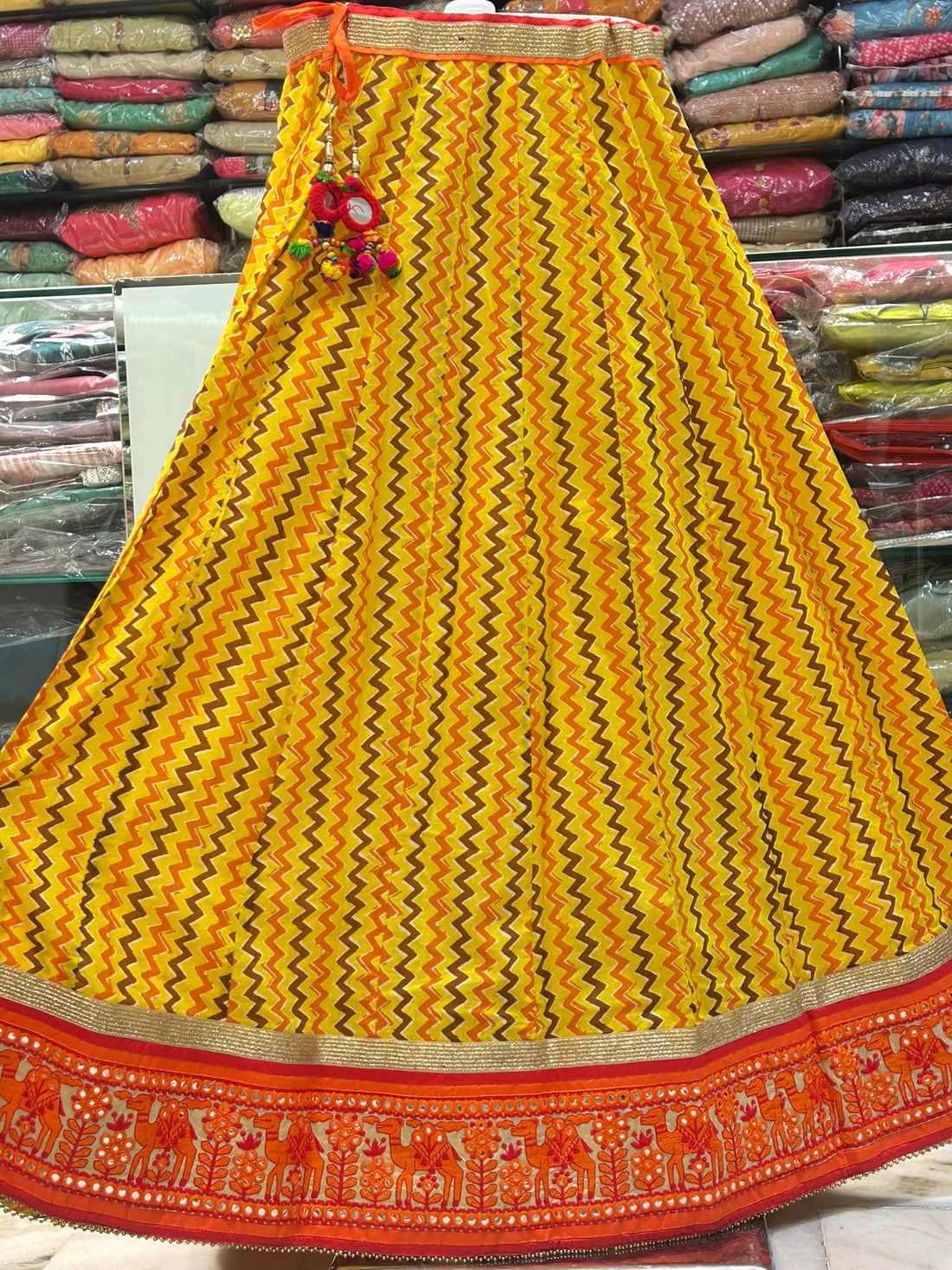 long lace border cotton block printed casual skirt