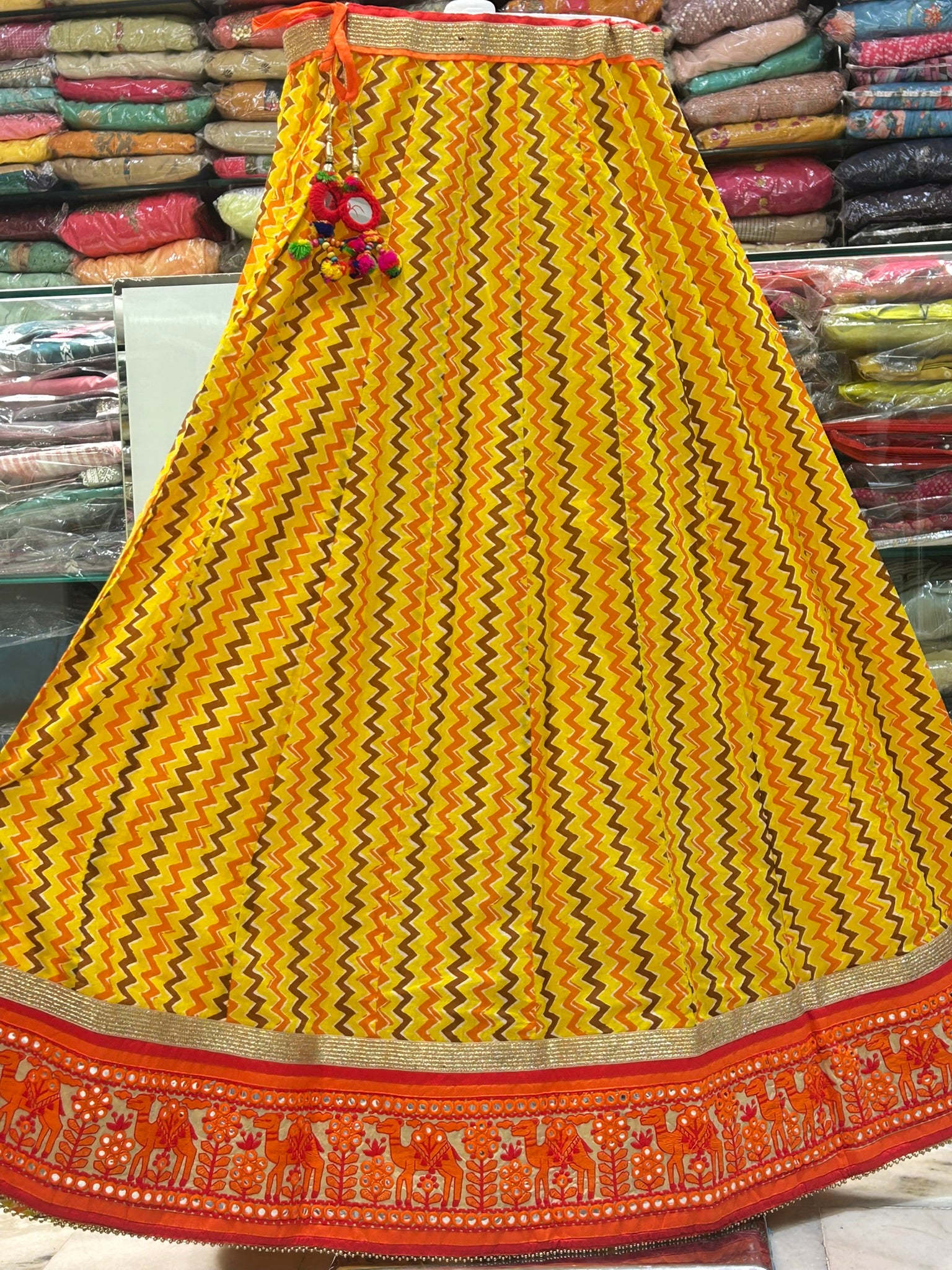 long lace border cotton block printed casual skirt