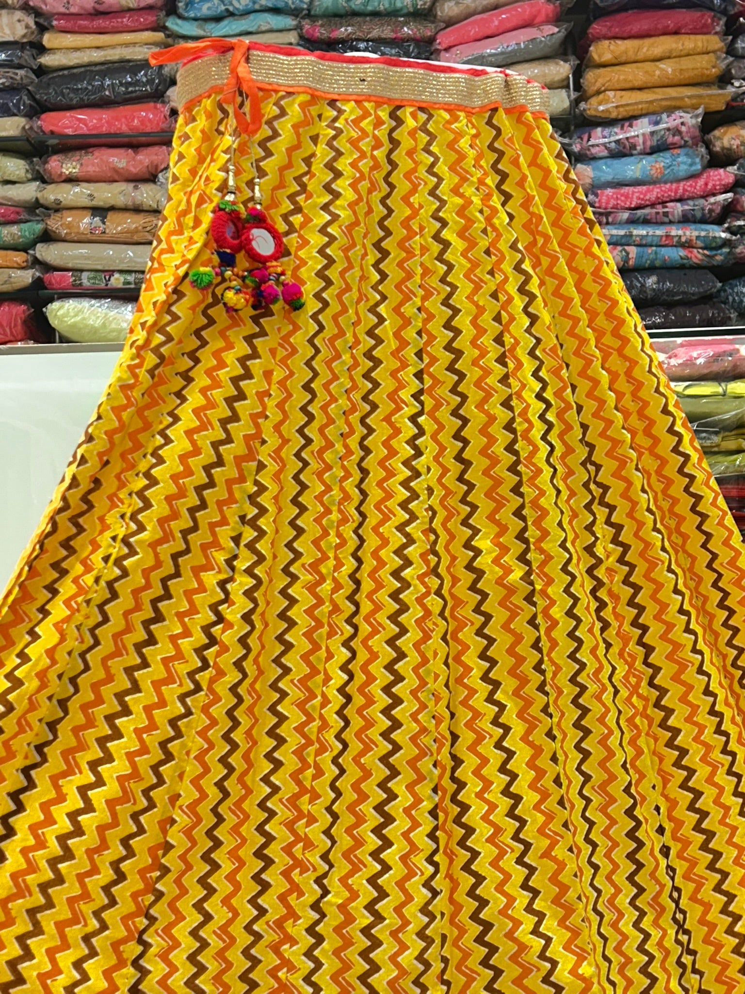 long lace border cotton block printed casual skirt