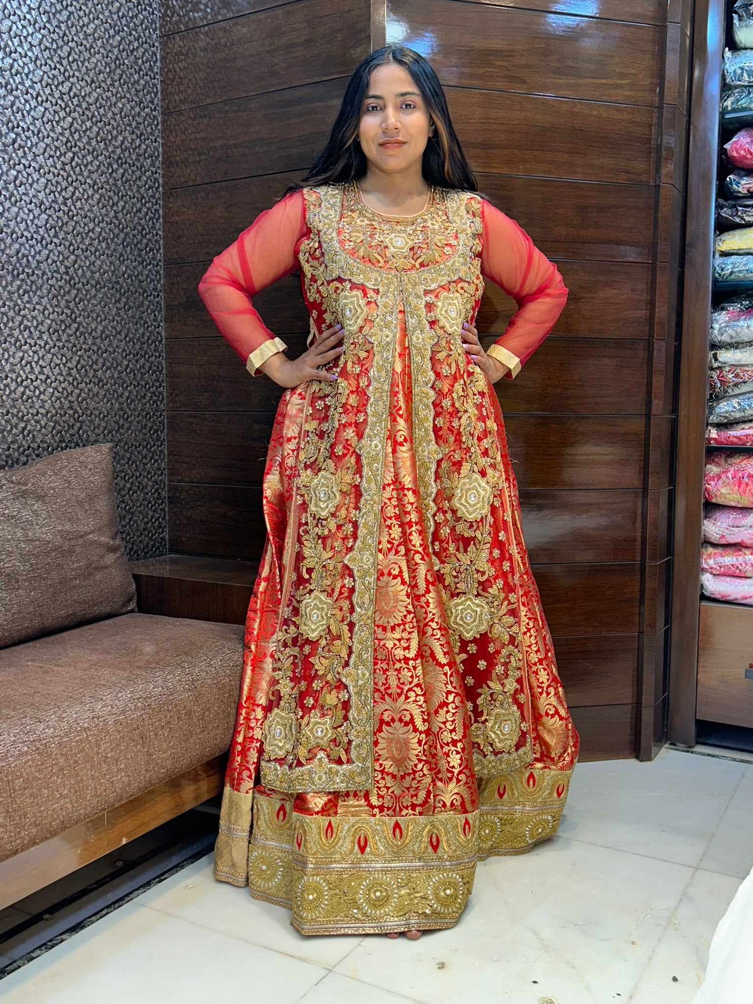 long indo western full sleeves heavy zardosi stone zari work wedding suit