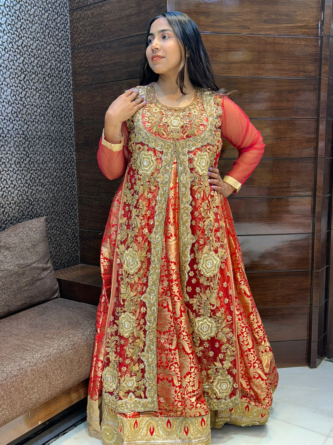 long indo western full sleeves heavy zardosi stone zari work wedding suit