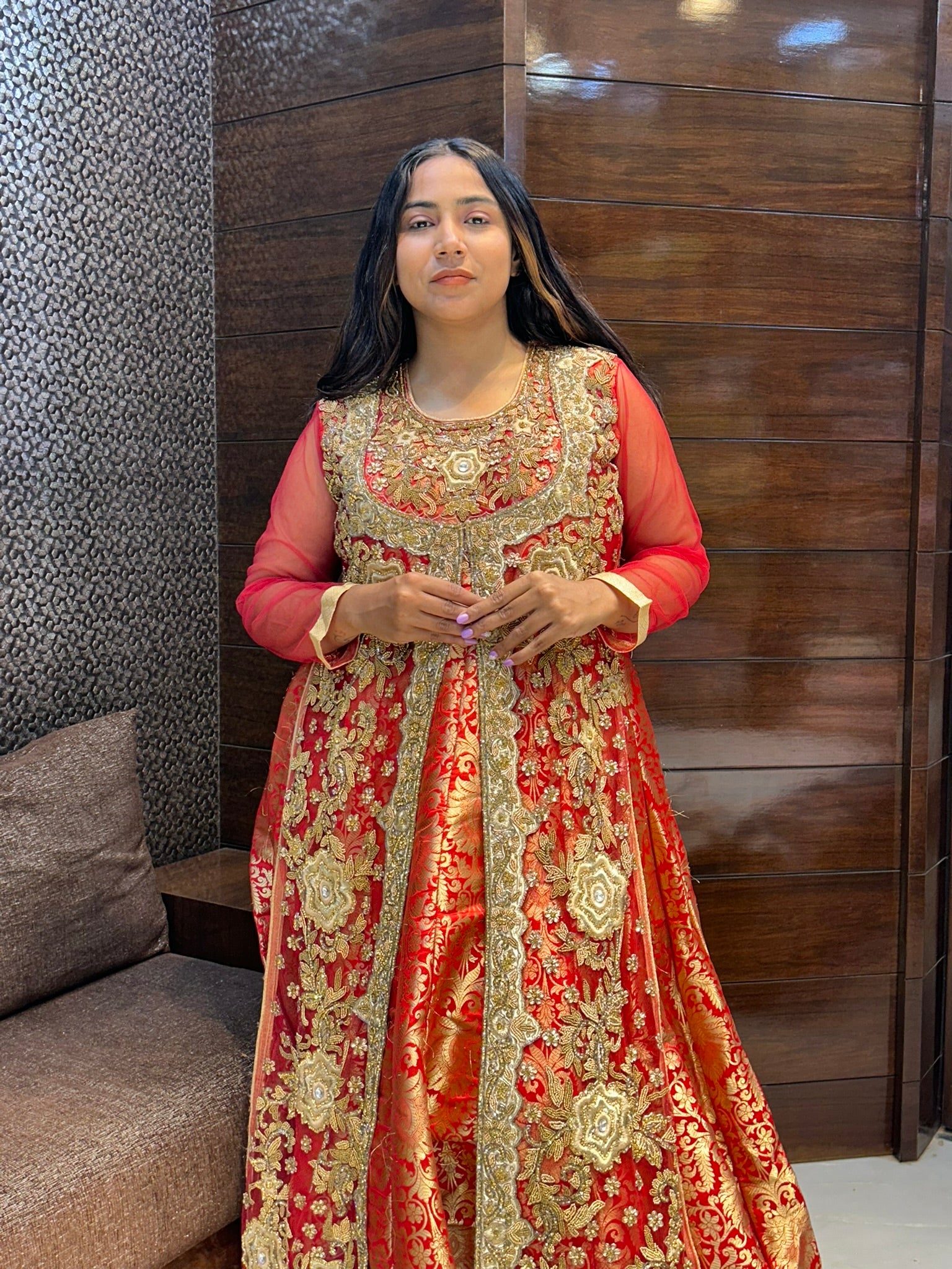 long indo western full sleeves heavy zardosi stone zari work wedding suit