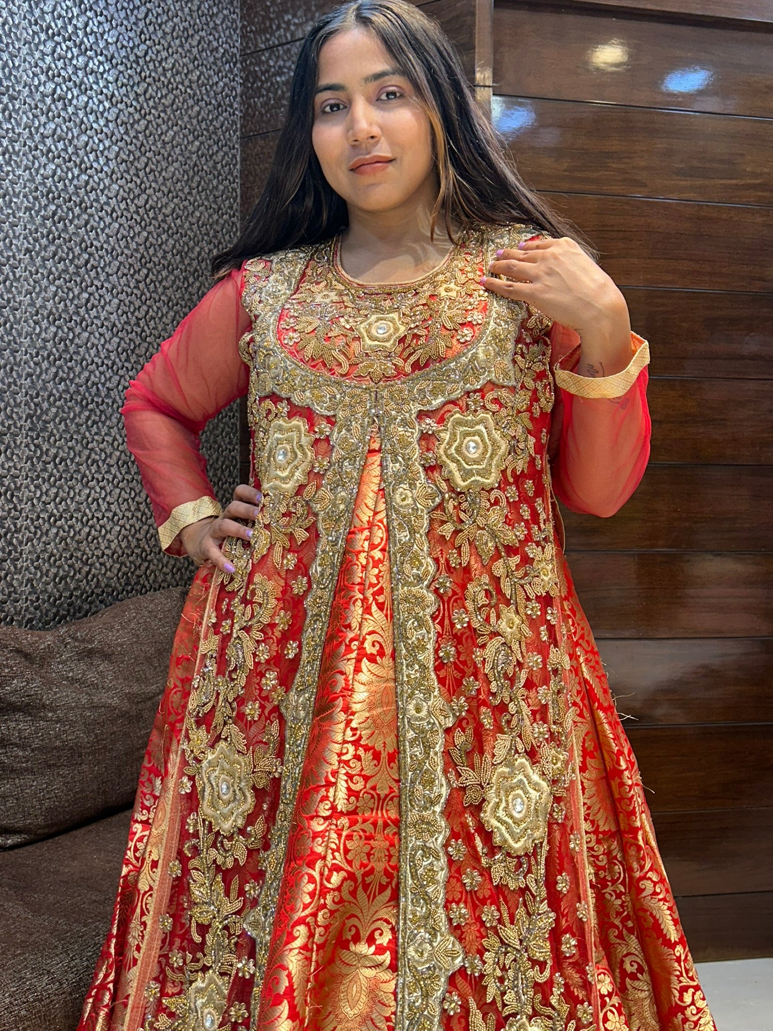 long indo western full sleeves heavy zardosi stone zari work wedding suit