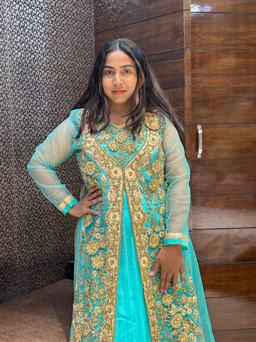 Long indo western zari zardosi stone work bridal lehenga