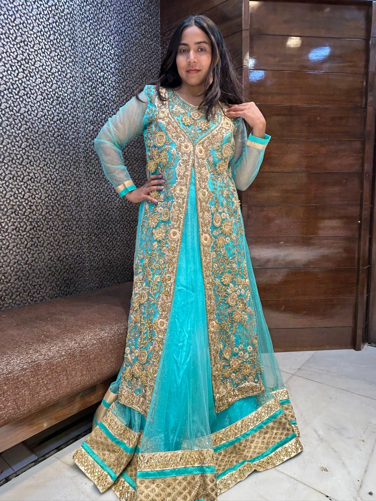 Long indo western zari zardosi stone work bridal lehenga