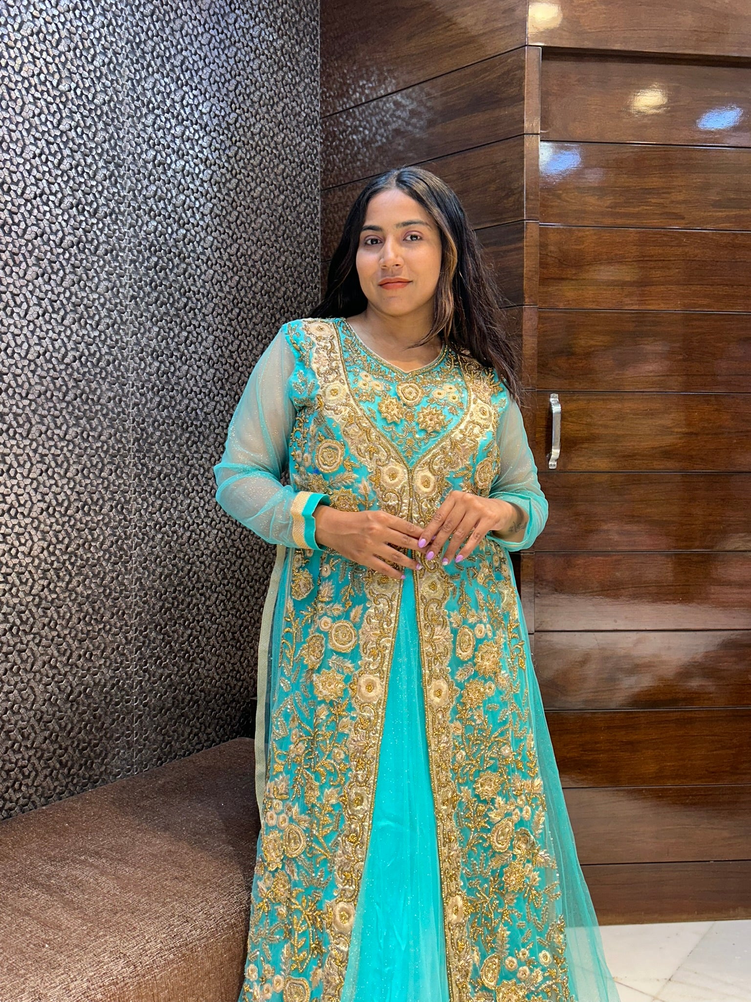 Long indo western zari zardosi stone work bridal lehenga