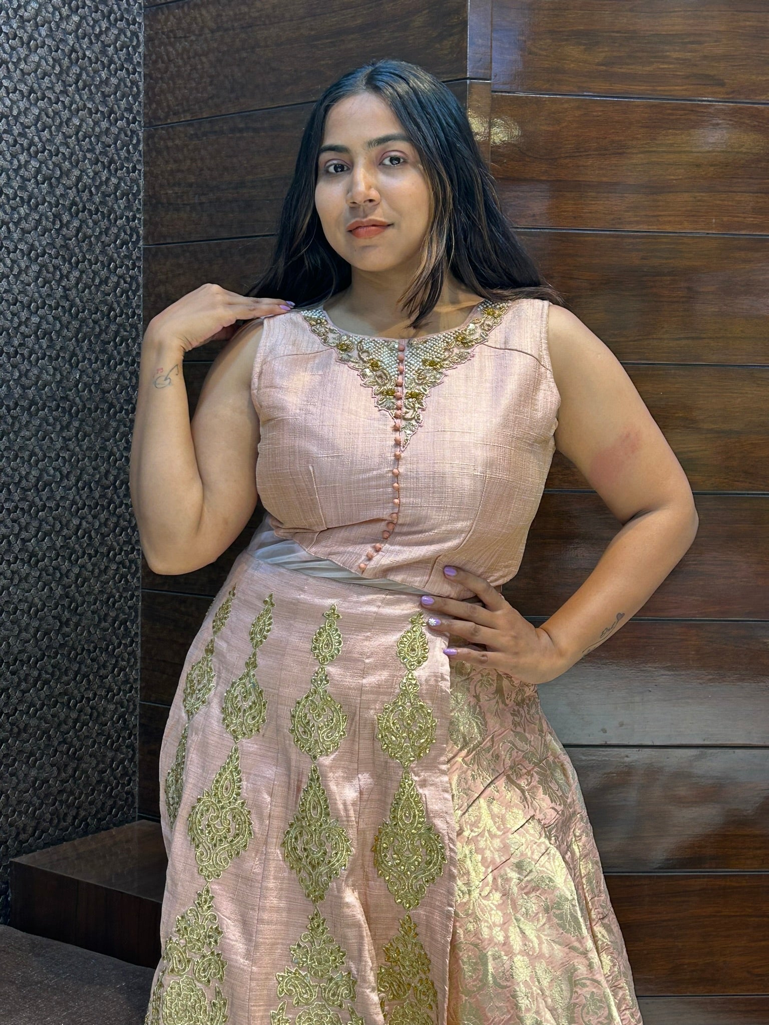 lehenga long top banarasi  fabric peach color v neck emblished moti and stone