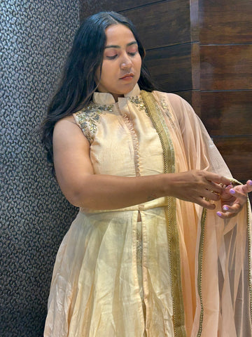 peach color long indowestern in silk fabric with upcollar