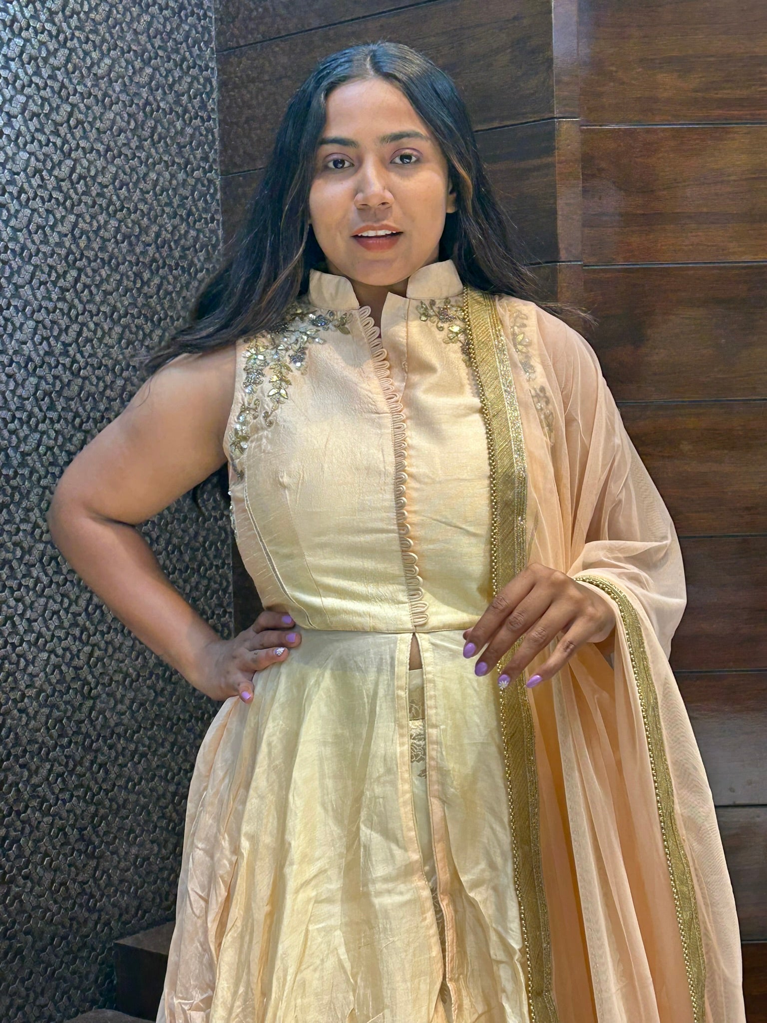 peach color long indowestern in silk fabric with upcollar