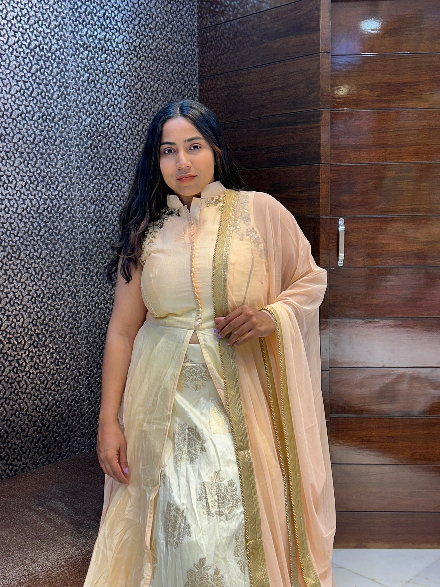 peach color long indowestern in silk fabric with upcollar