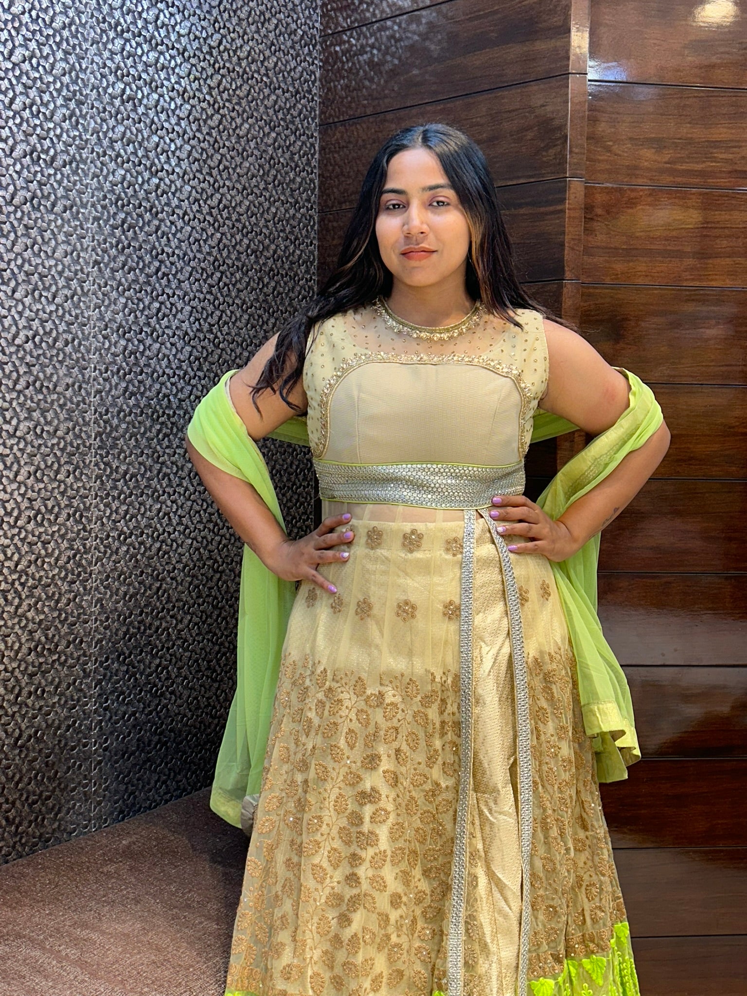 long indo western in embroidered design with stone zari work neckline