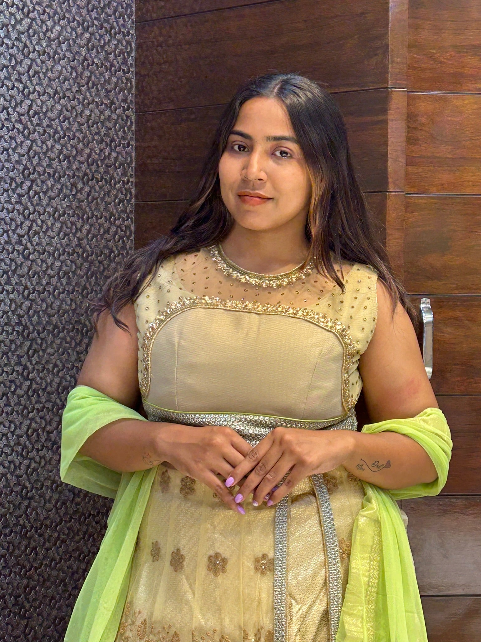 long indo western in embroidered design with stone zari work neckline