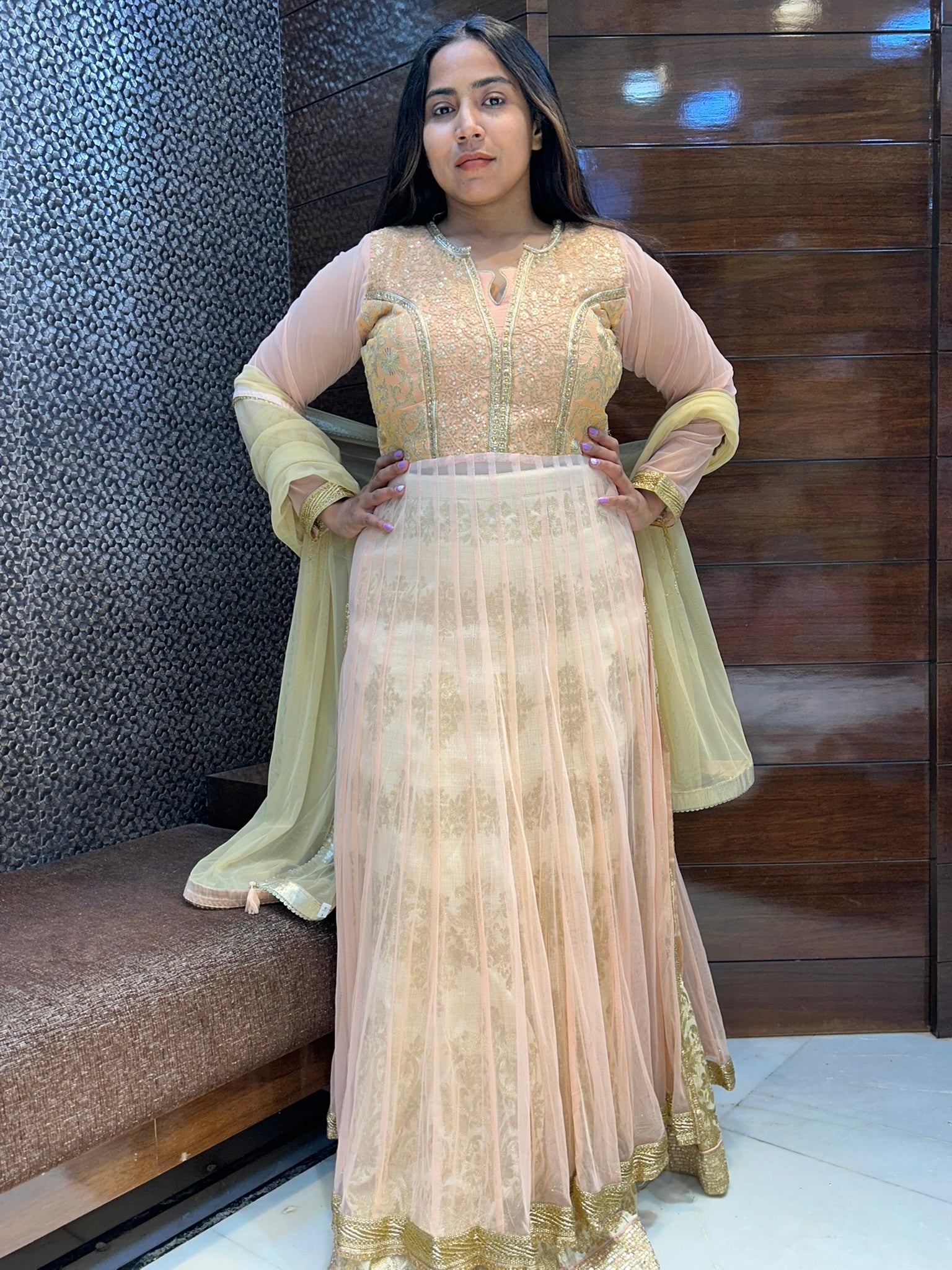 net long top and silk lehenga indowestern designer wedding outfit