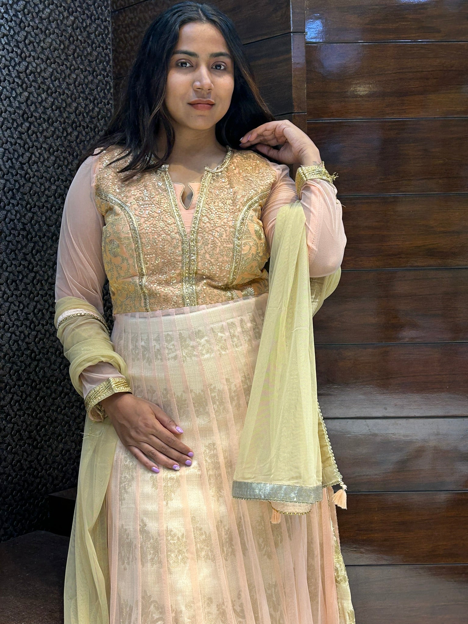 net long top and silk lehenga indowestern designer wedding outfit