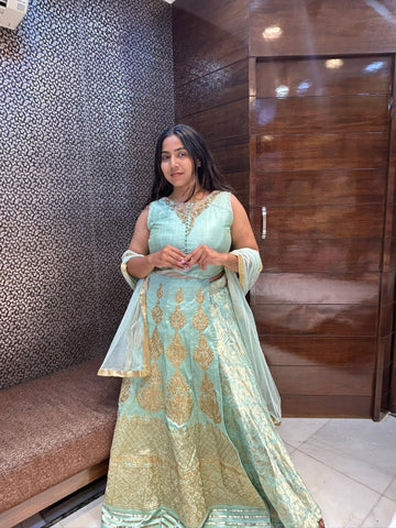 silk long top side cut and banarasi lehenga indo western wedding attire