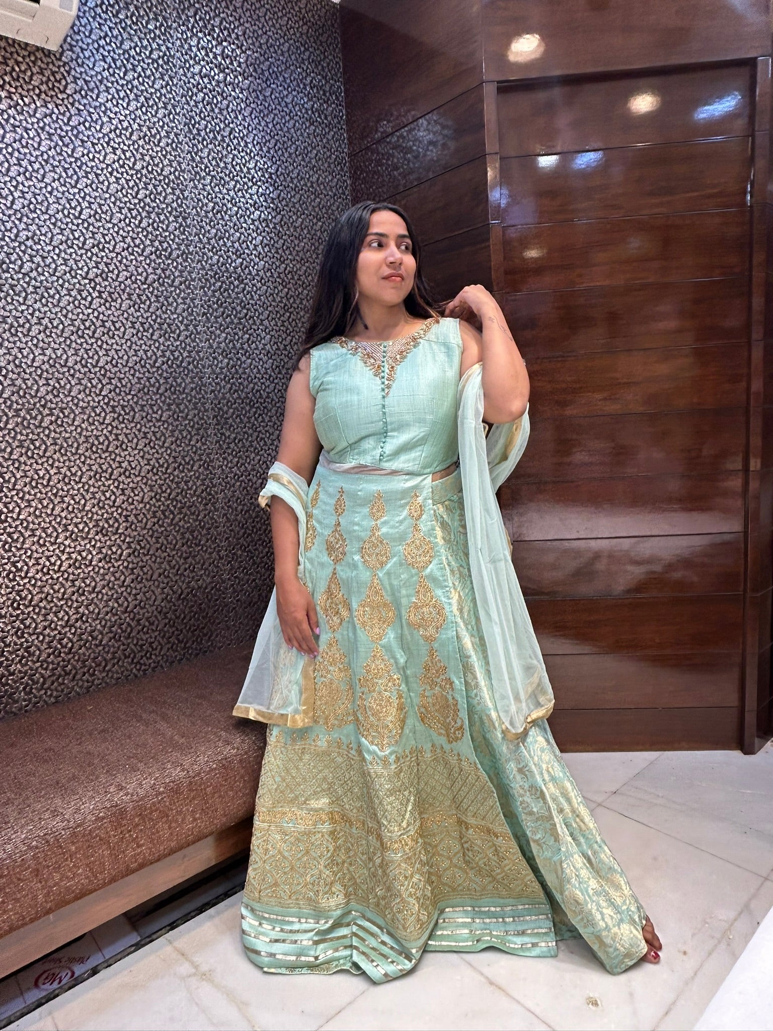 silk long top side cut and banarasi lehenga indo western wedding attire