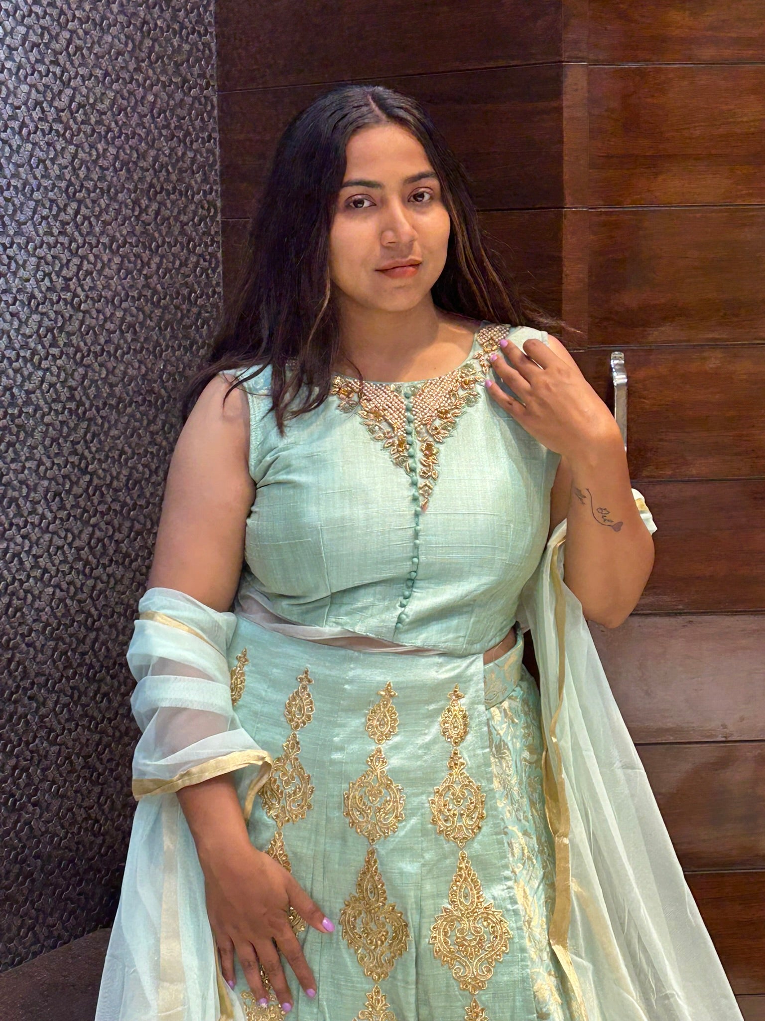 silk long top side cut and banarasi lehenga indo western wedding attire