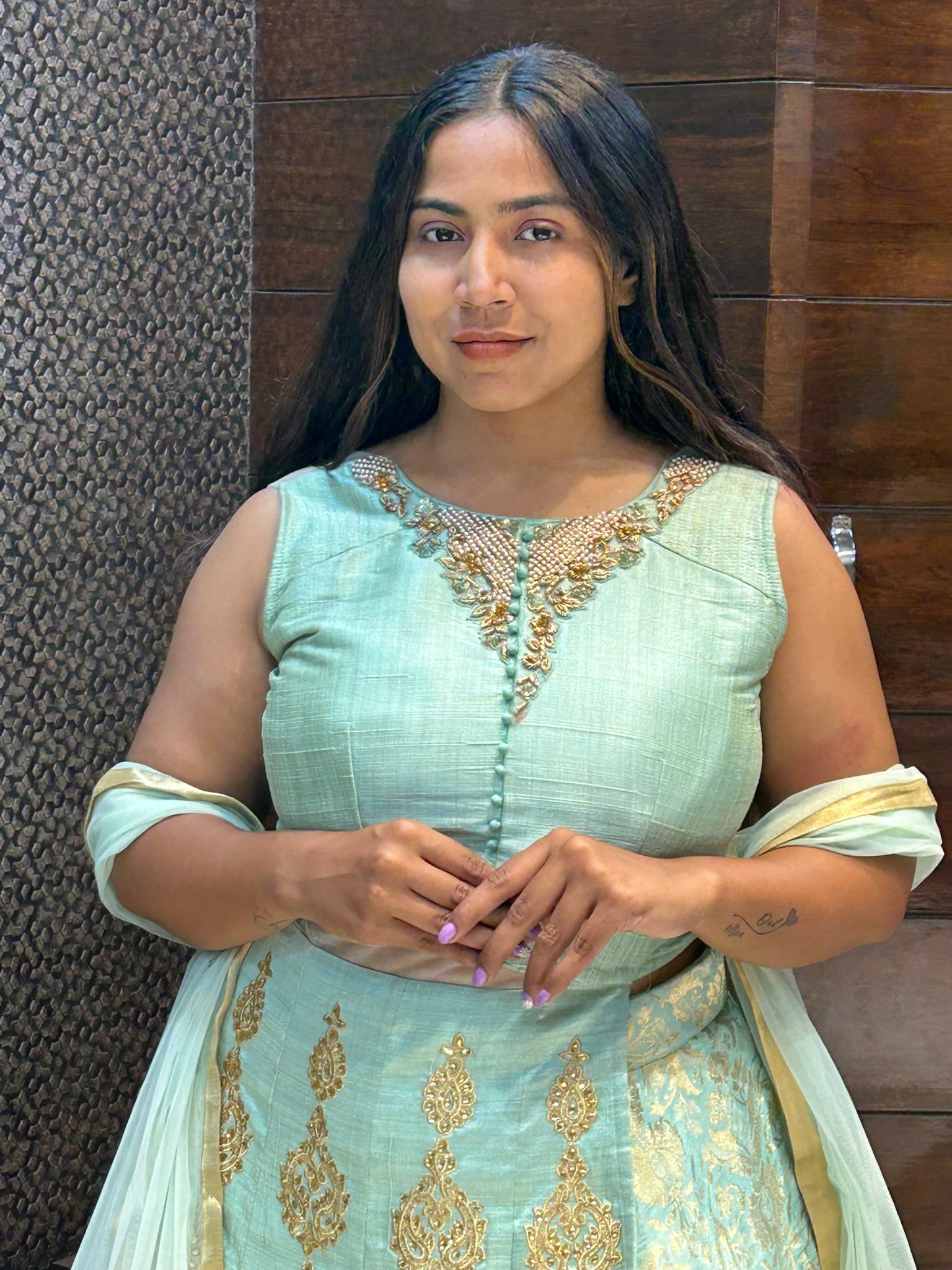 silk long top side cut and banarasi lehenga indo western wedding attire