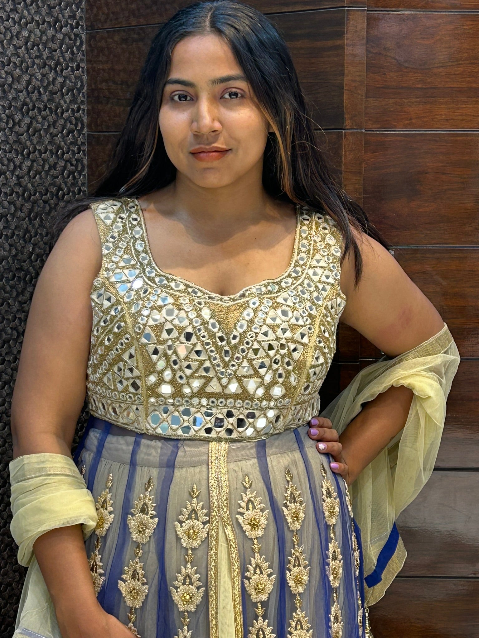 Heavy mirror work embroidered all over long top with lehenga