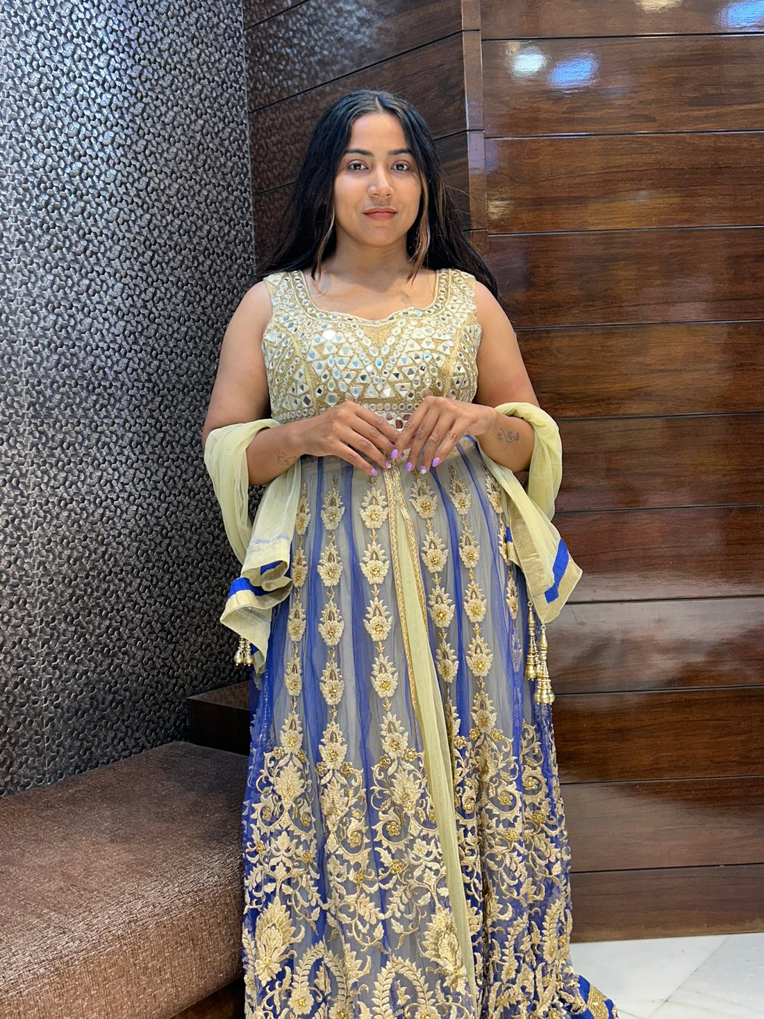 Heavy mirror work embroidered all over long top with lehenga