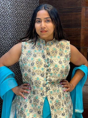 Banarasi long indo western top with silk tapeda lehenga