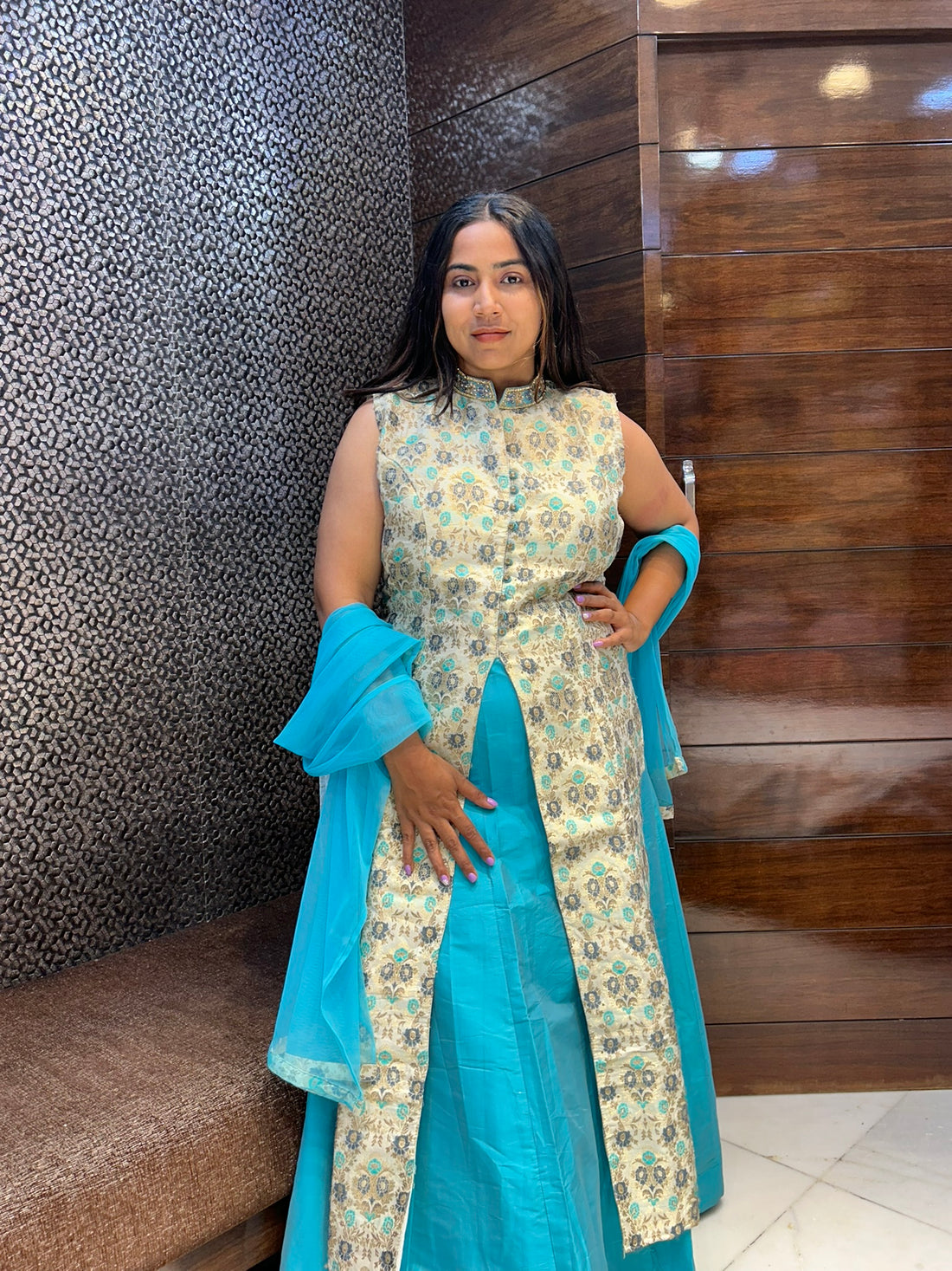 Banarasi long indo western top with silk tapeda lehenga