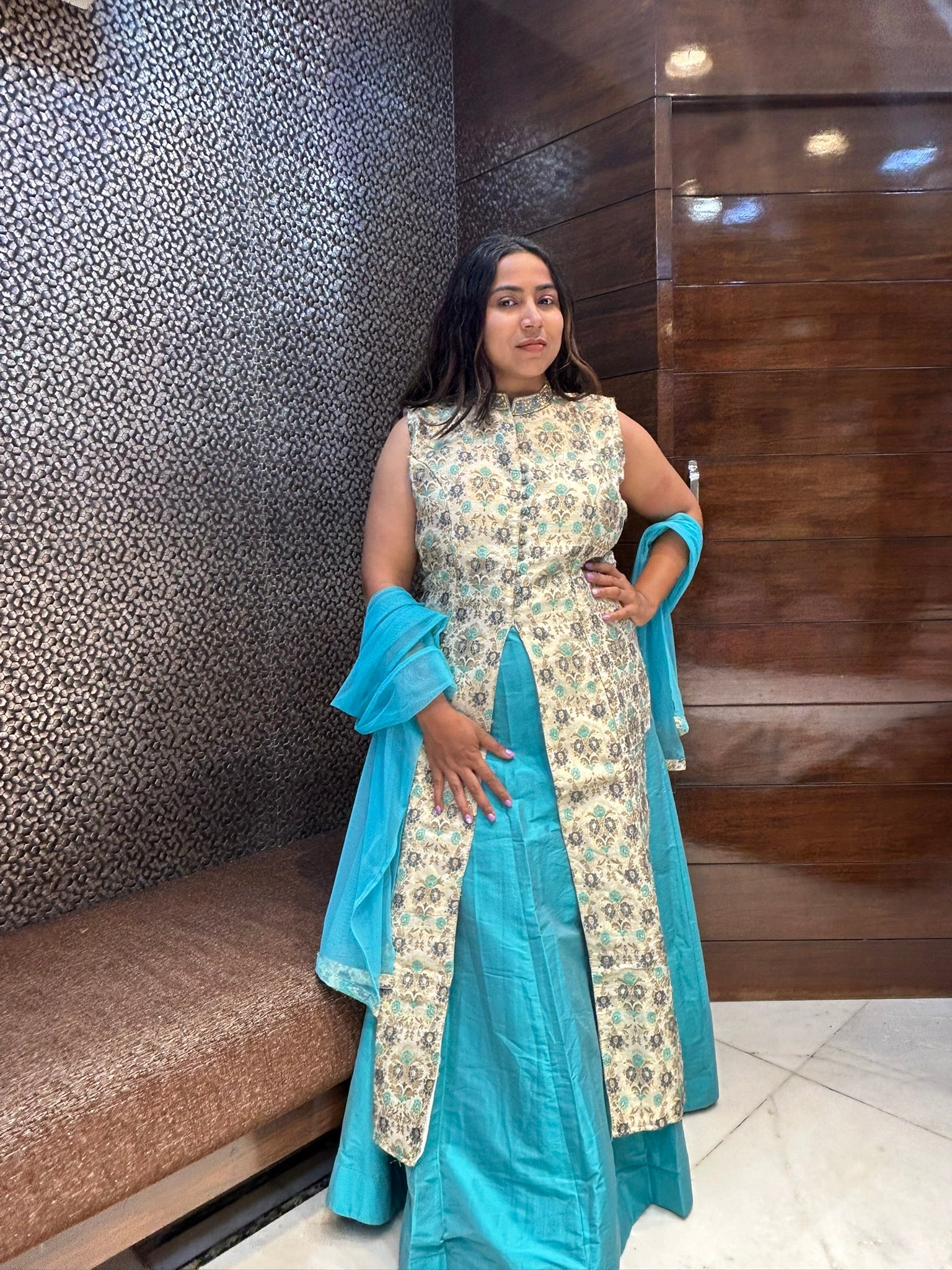 Banarasi long indo western top with silk tapeda lehenga