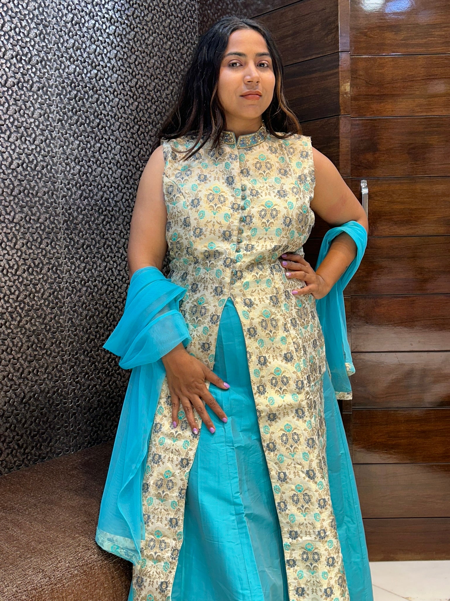 Banarasi long indo western top with silk tapeda lehenga