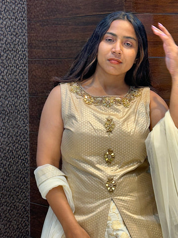 golden banarasi silk wedding indowestern lehenga