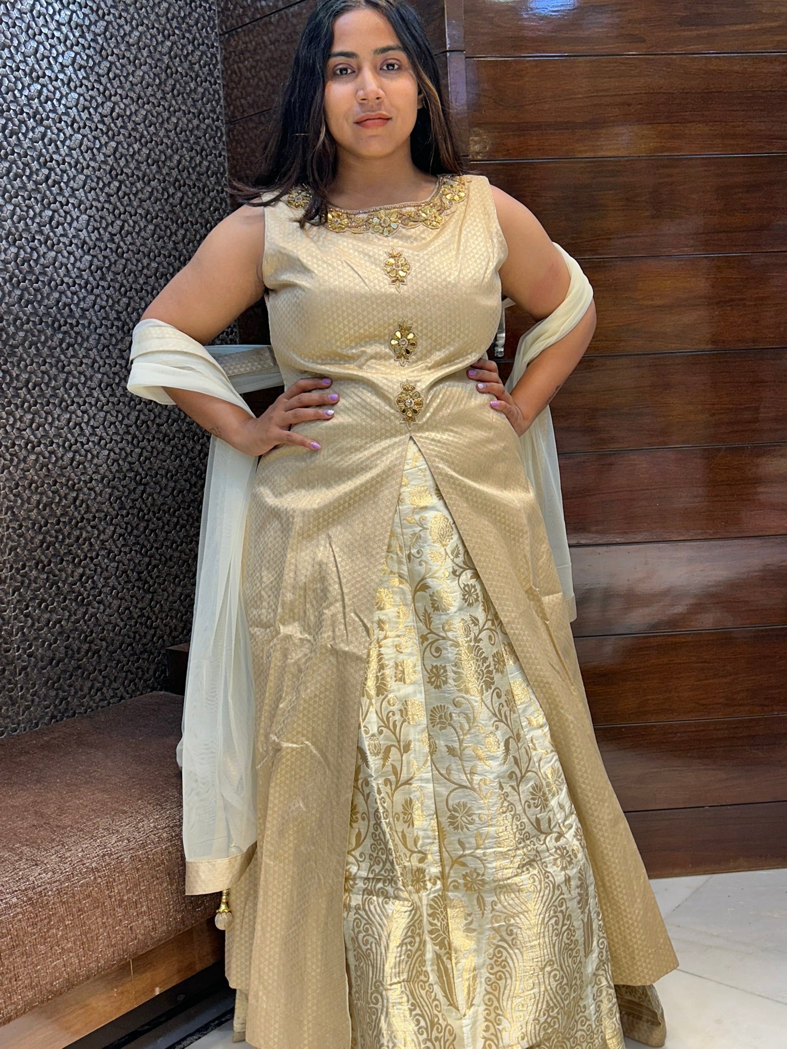 golden banarasi silk wedding indowestern lehenga