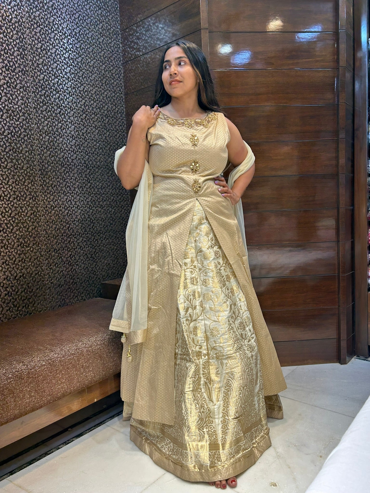 golden banarasi silk wedding indowestern lehenga