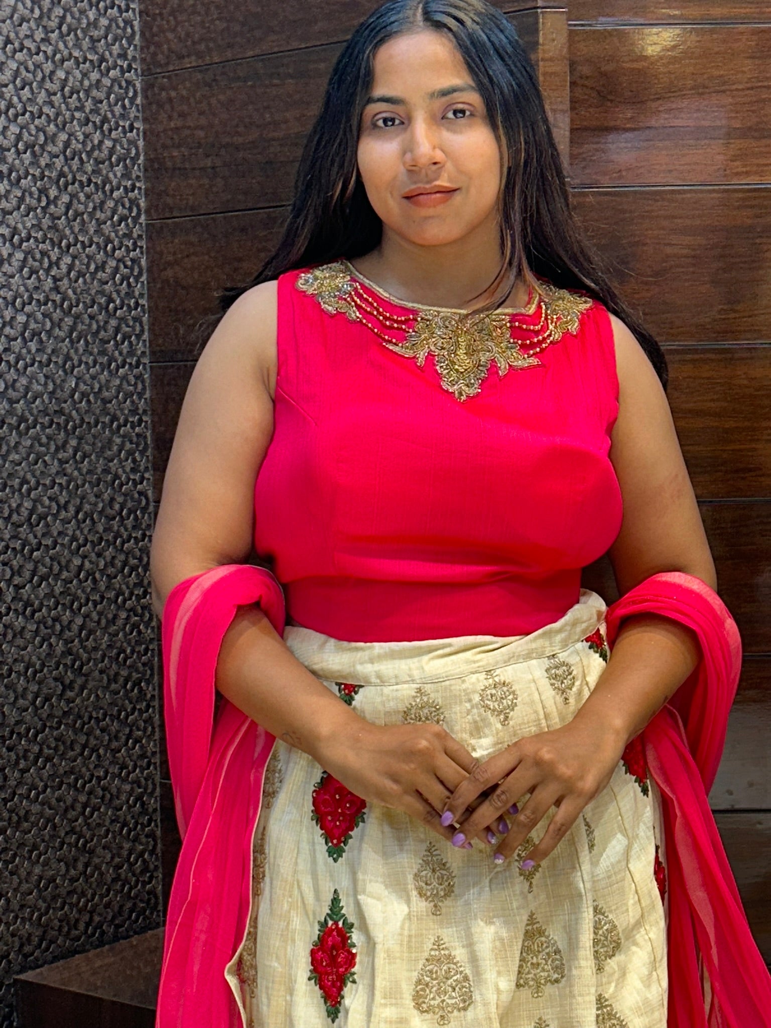 designer beads motifs top with banarasi silk brasso lehenga