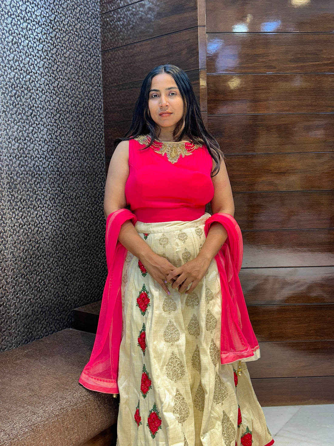 designer beads motifs top with banarasi silk brasso lehenga