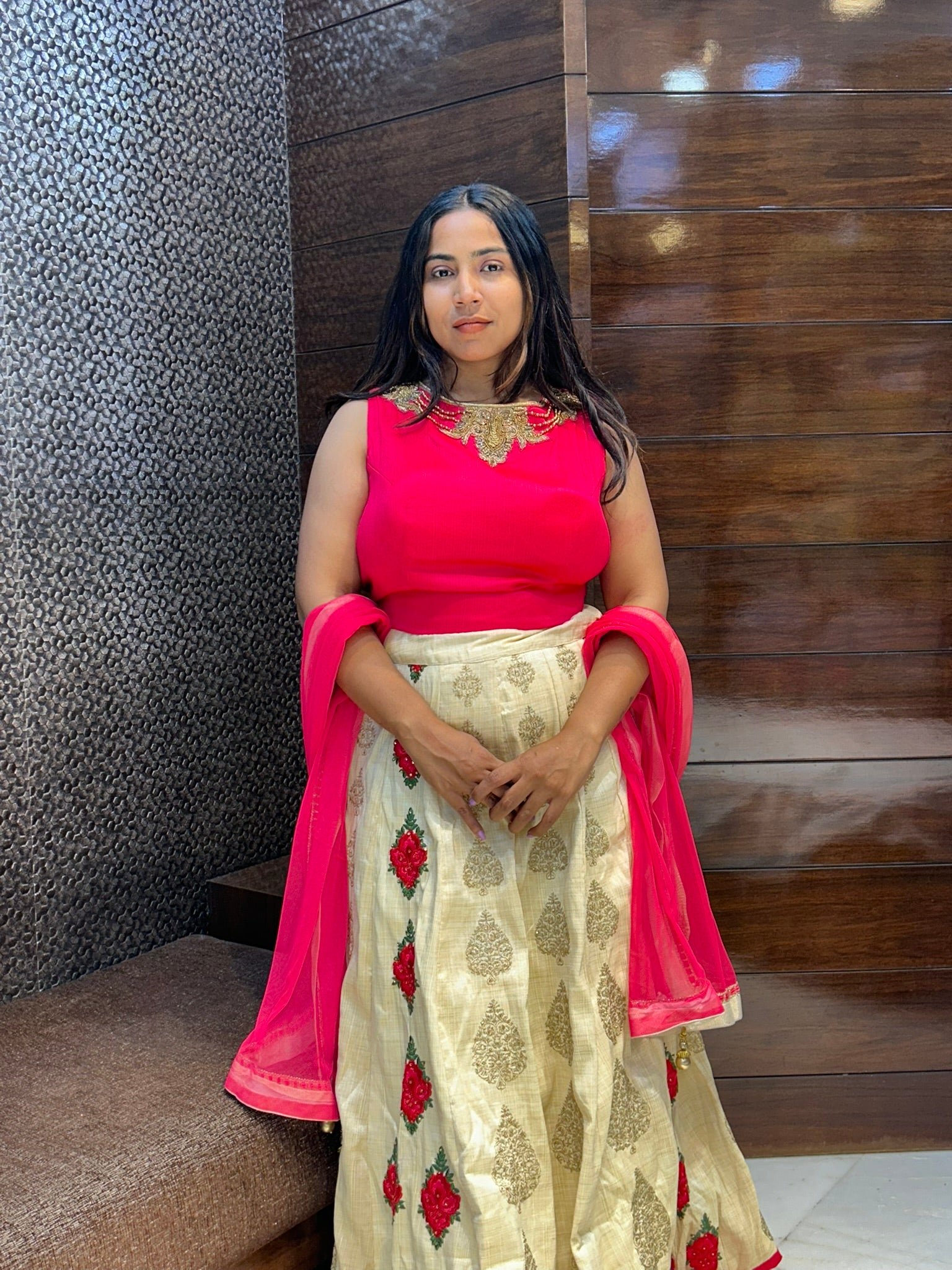 designer beads motifs top with banarasi silk brasso lehenga