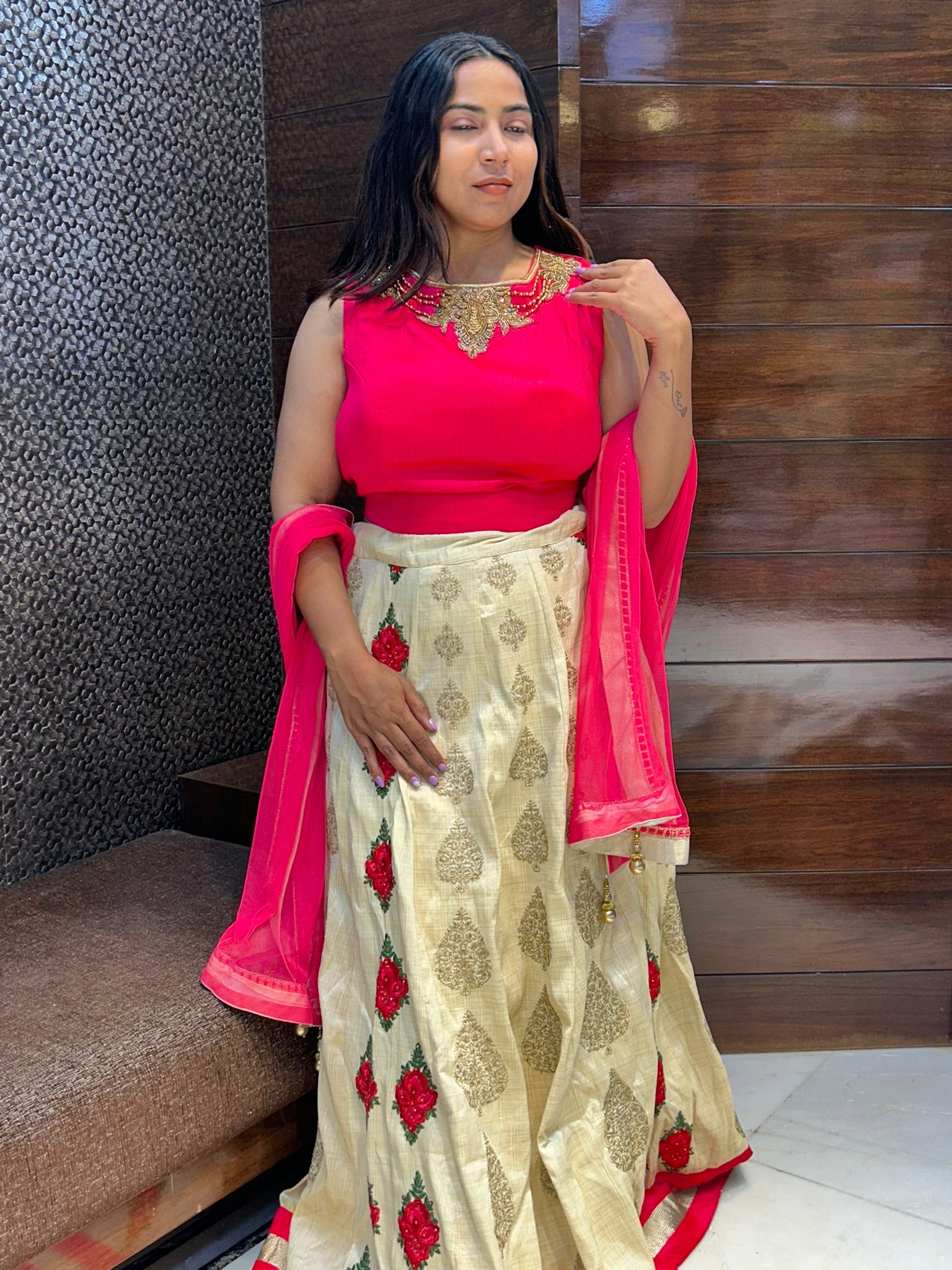 designer beads motifs top with banarasi silk brasso lehenga