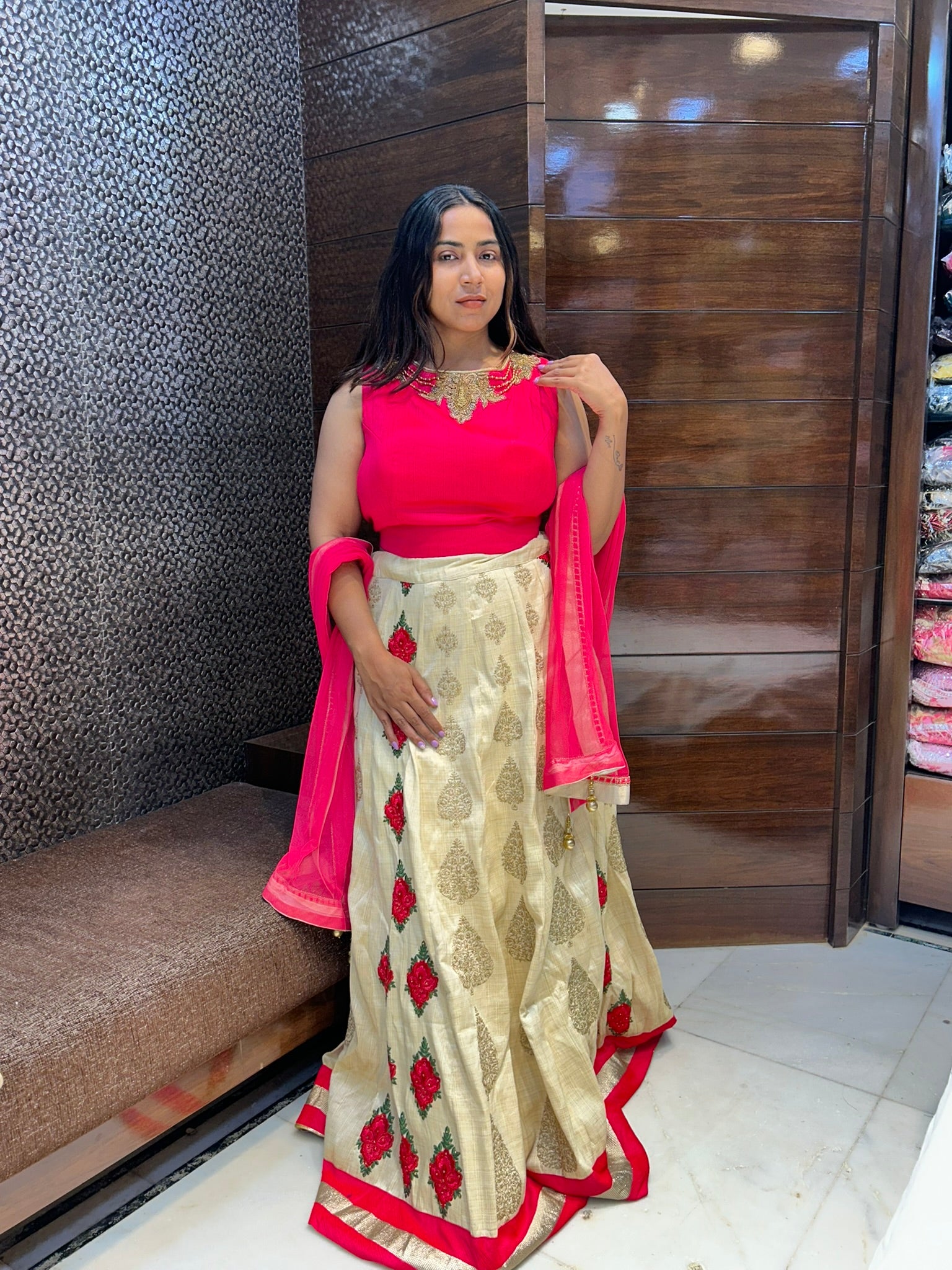 designer beads motifs top with banarasi silk brasso lehenga