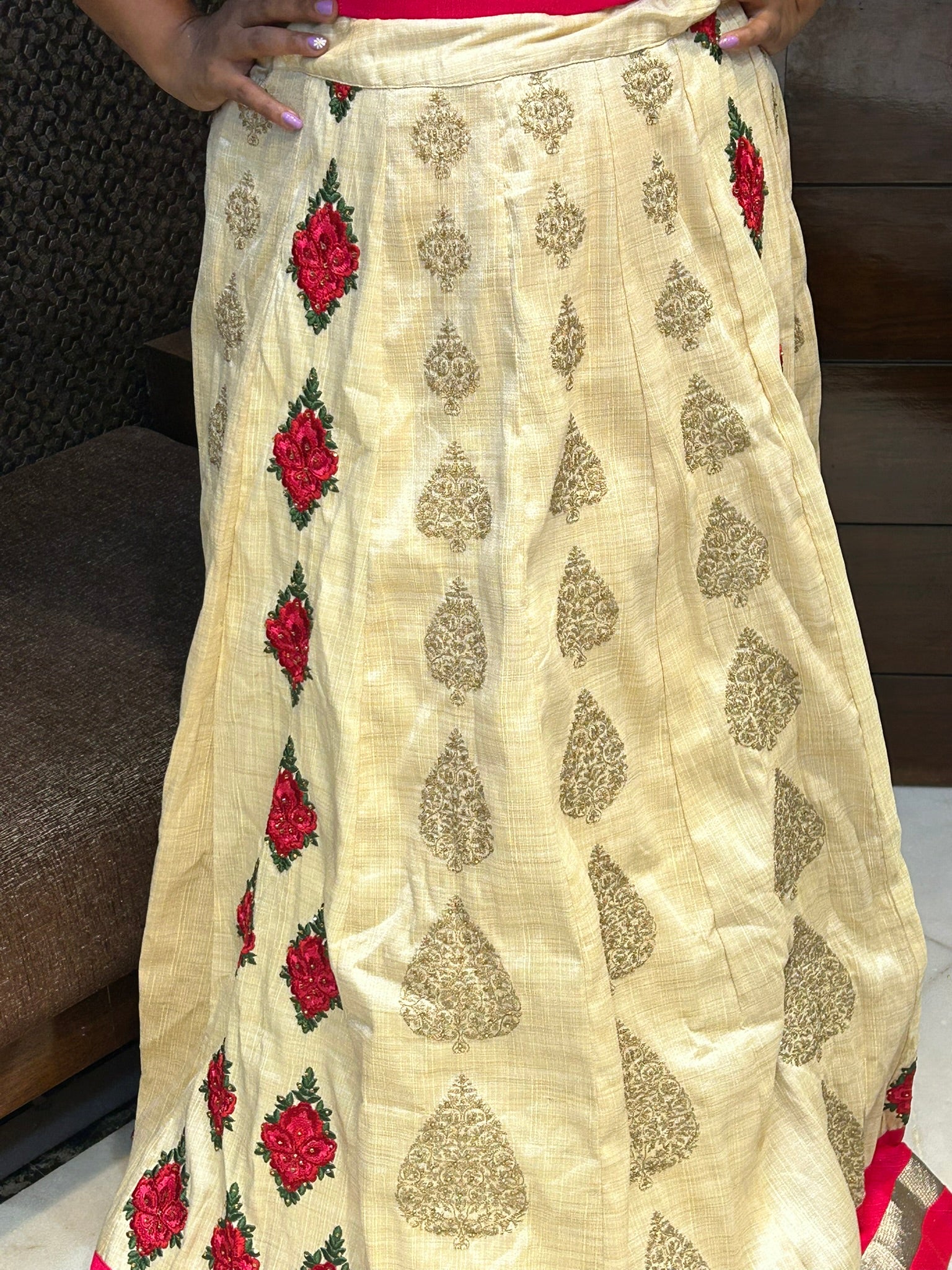 designer beads motifs top with banarasi silk brasso lehenga